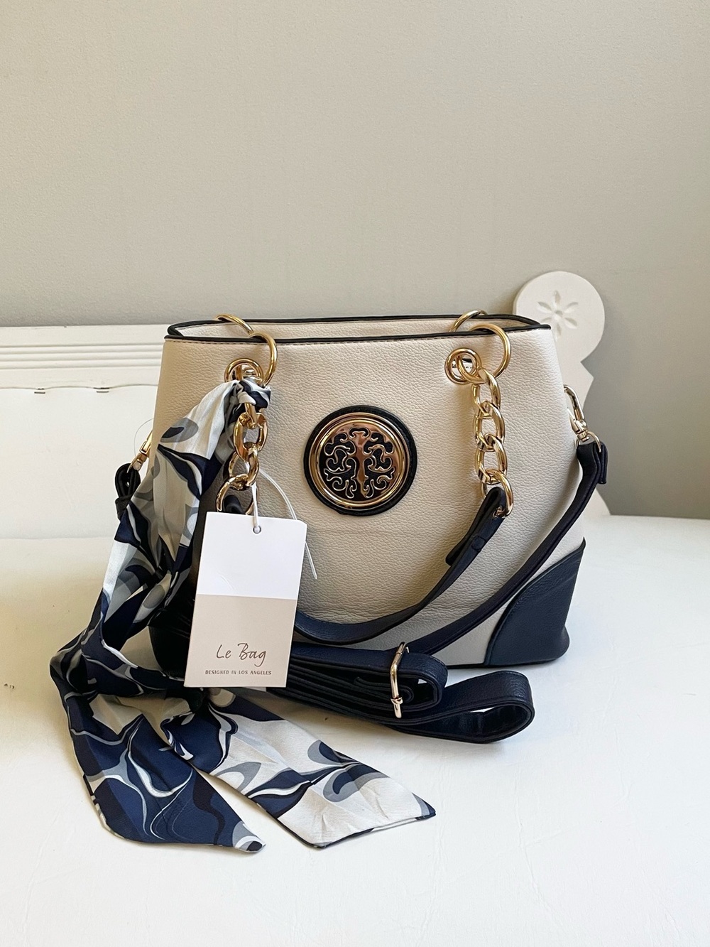 NAVY BLUE TAUPE TOTE SHOULDER STRAP CHAIN LINK TWILLY ZIPPER FAUX LEATHER